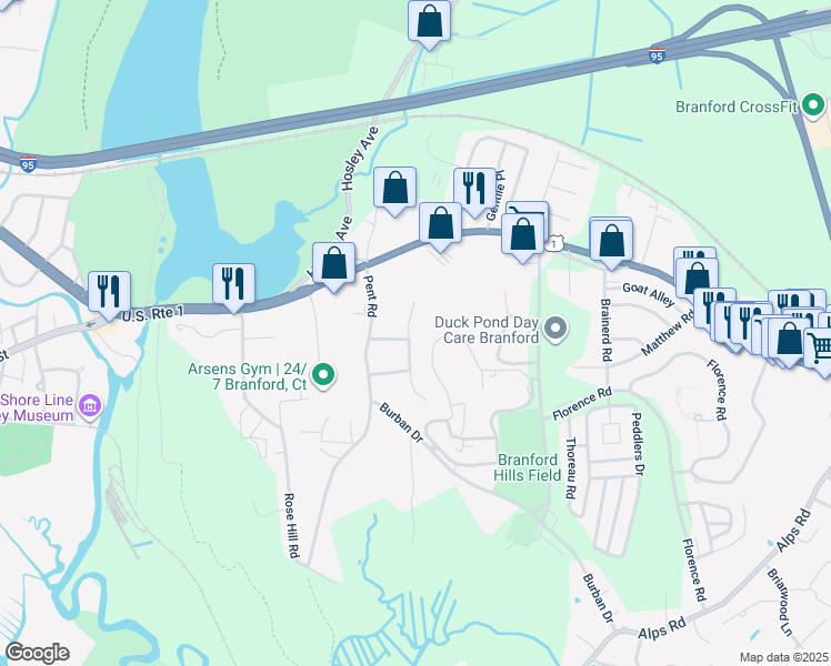 map of restaurants, bars, coffee shops, grocery stores, and more near 80 Sunny Meadow Road in Branford