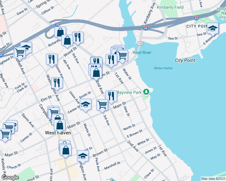 map of restaurants, bars, coffee shops, grocery stores, and more near 60 Center Street in West Haven