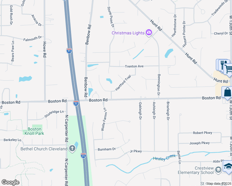 map of restaurants, bars, coffee shops, grocery stores, and more near 14855 Hartford Trail in Strongsville
