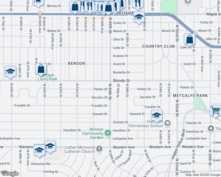 map of restaurants, bars, coffee shops, grocery stores, and more near 1909 North 60th Street in Omaha