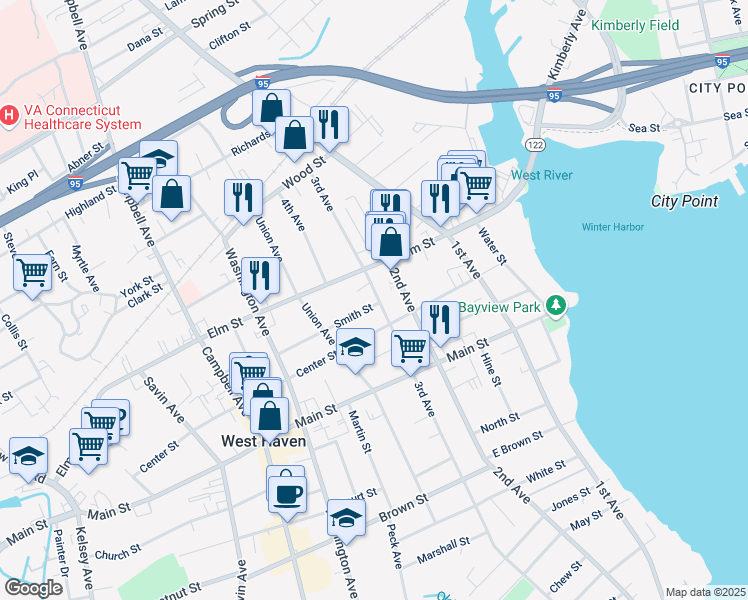map of restaurants, bars, coffee shops, grocery stores, and more near 1 Smith Street in West Haven