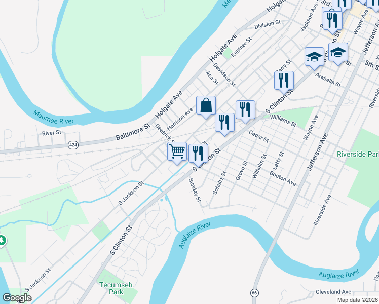 map of restaurants, bars, coffee shops, grocery stores, and more near 718 Deatrick Street in Defiance