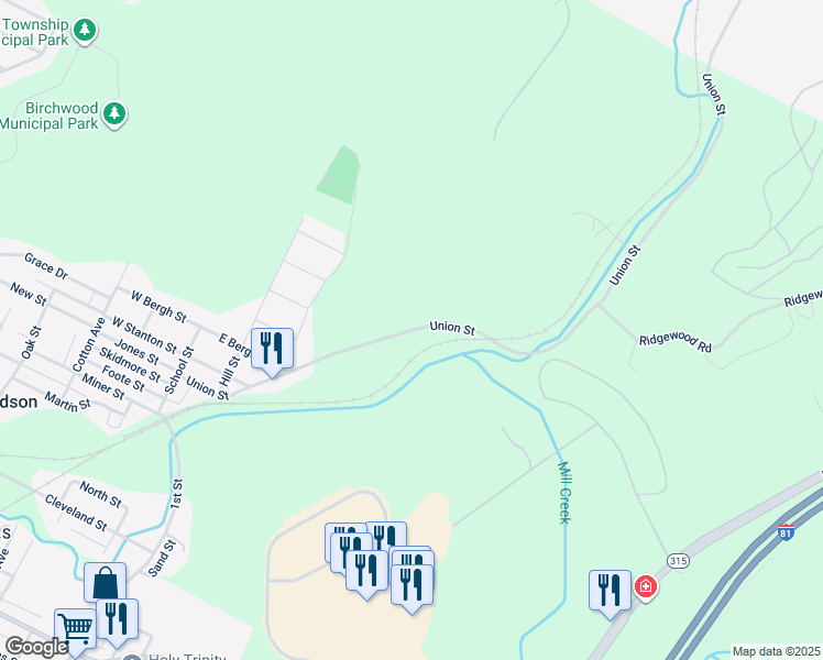 map of restaurants, bars, coffee shops, grocery stores, and more near 135 Union St in Wilkes-Barre