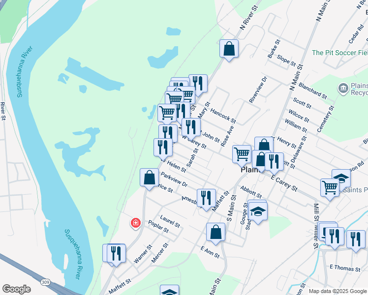 map of restaurants, bars, coffee shops, grocery stores, and more near 15 Diana Street in Wilkes-Barre