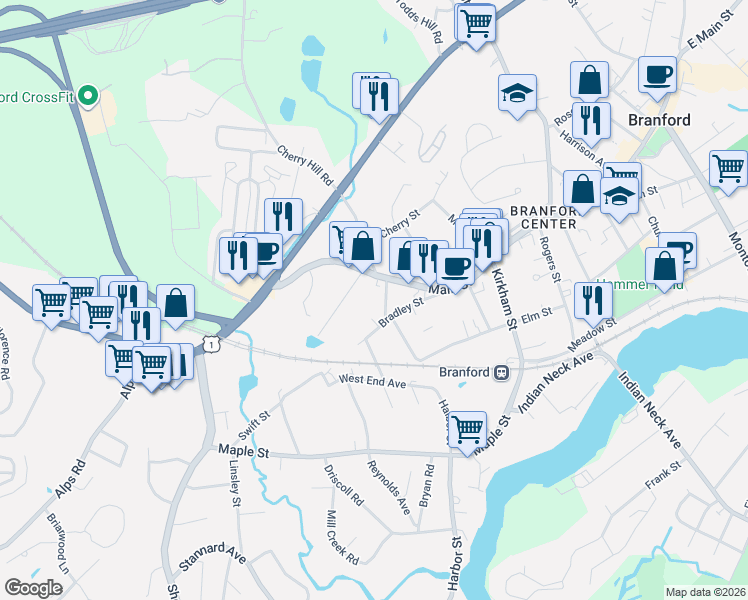 map of restaurants, bars, coffee shops, grocery stores, and more near 11a North Harbor Street in Branford