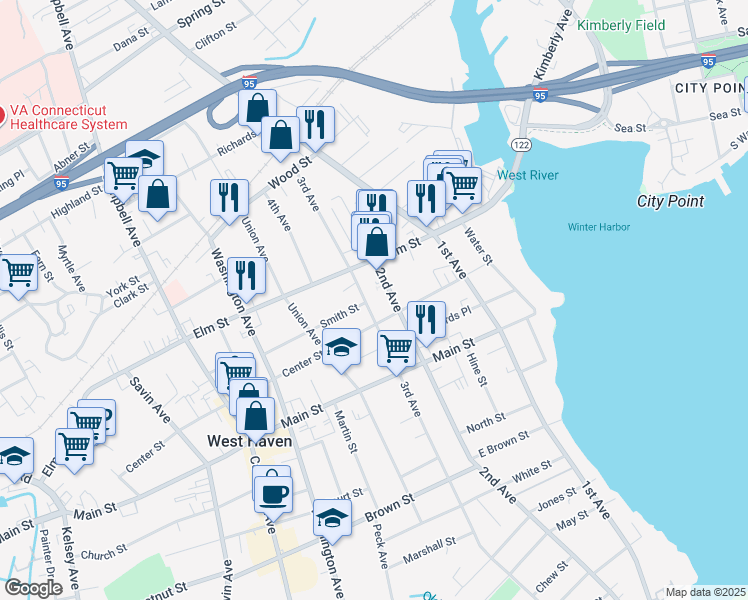map of restaurants, bars, coffee shops, grocery stores, and more near 1 Smith Street in West Haven