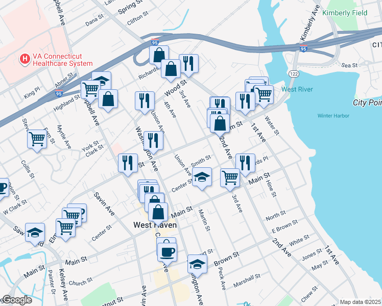 map of restaurants, bars, coffee shops, grocery stores, and more near 184 Elm Street in West Haven