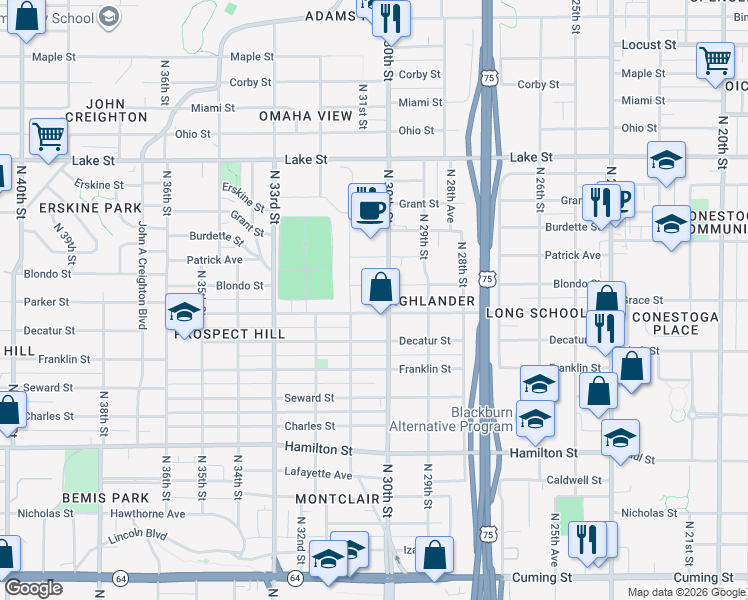 map of restaurants, bars, coffee shops, grocery stores, and more near 2930 Parker Street in Omaha