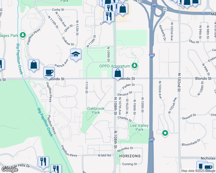map of restaurants, bars, coffee shops, grocery stores, and more near 10808 Oakbrook Circle in Omaha