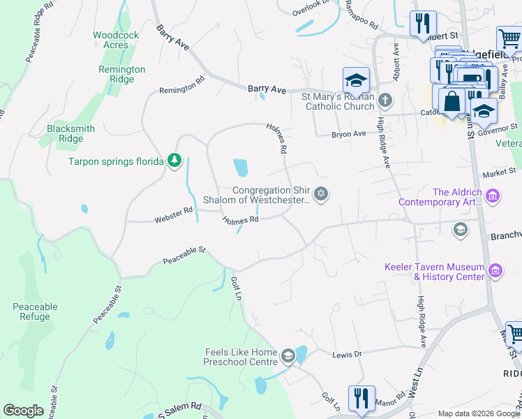 map of restaurants, bars, coffee shops, grocery stores, and more near 60 Holmes Road in Ridgefield