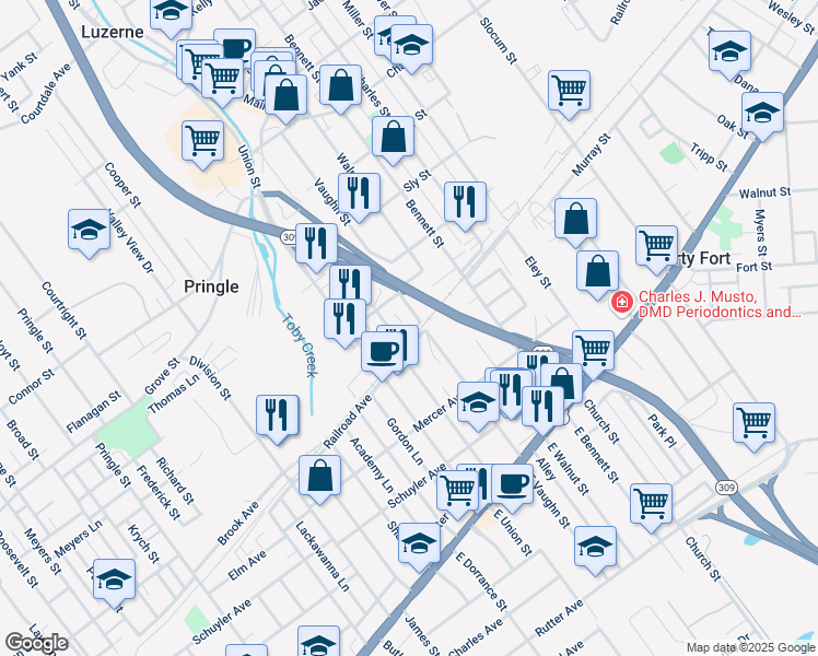map of restaurants, bars, coffee shops, grocery stores, and more near 40 Fulton Street in Luzerne