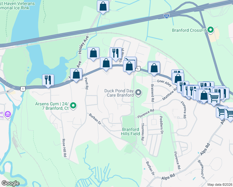 map of restaurants, bars, coffee shops, grocery stores, and more near 404 Jefferson Woods in Branford