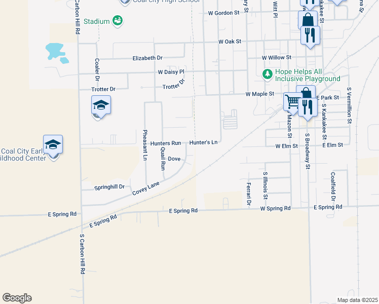 map of restaurants, bars, coffee shops, grocery stores, and more near 809 Covey Lane in Coal City