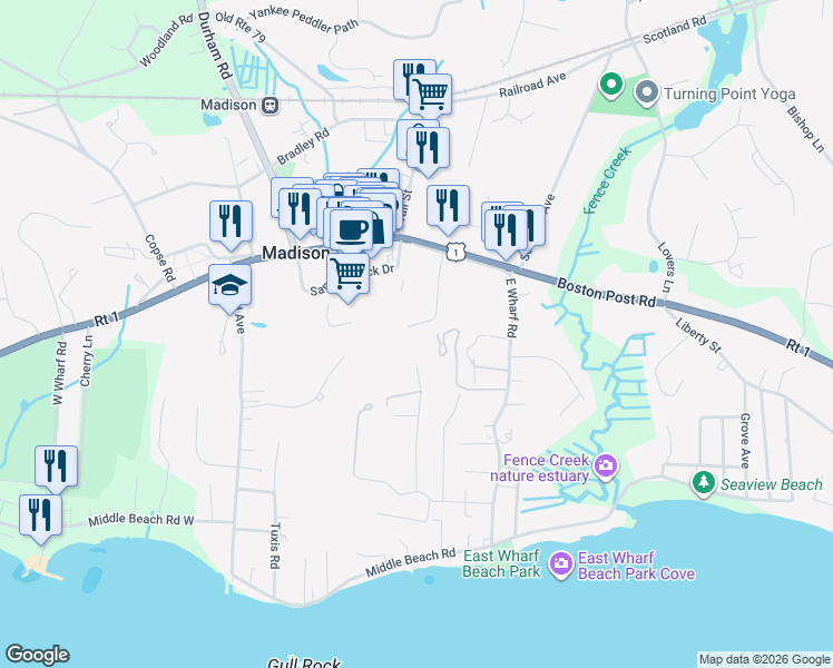 map of restaurants, bars, coffee shops, grocery stores, and more near 9 Bushnell Lane in Madison