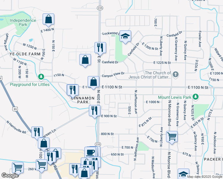 map of restaurants, bars, coffee shops, grocery stores, and more near 457 East 1100 North in Ogden