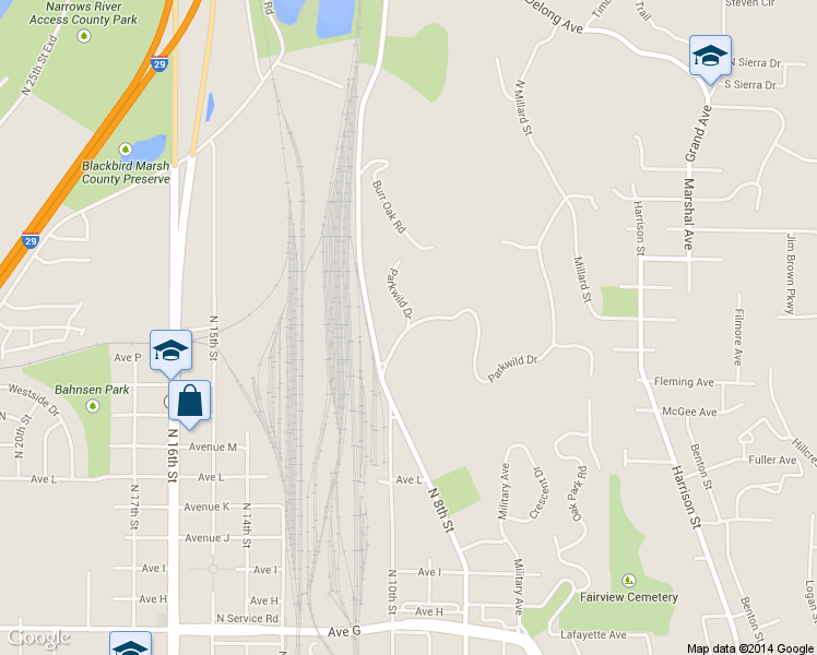 map of restaurants, bars, coffee shops, grocery stores, and more near 750 Parkwild Drive in Council Bluffs