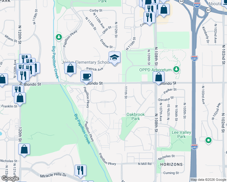 map of restaurants, bars, coffee shops, grocery stores, and more near 11124 Decatur Plaza in Omaha