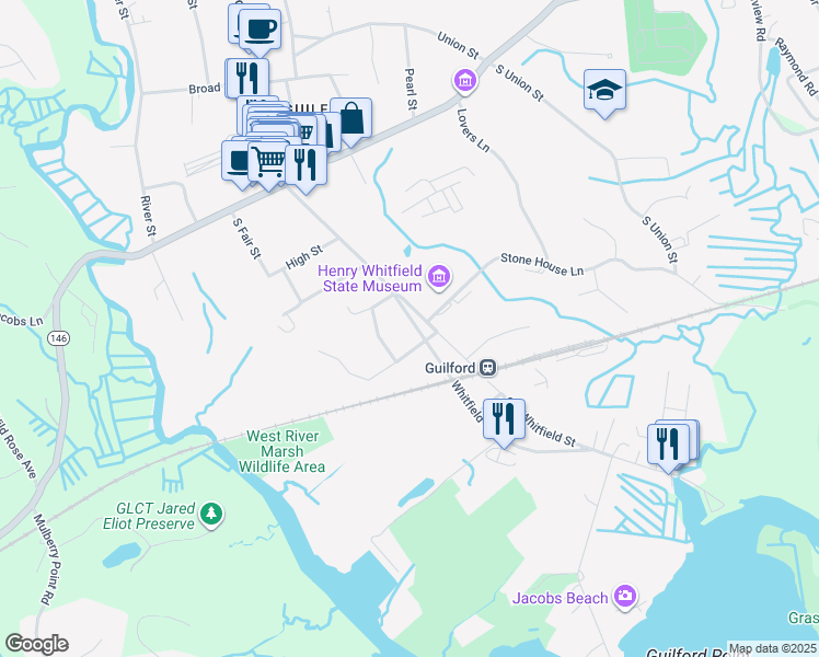 map of restaurants, bars, coffee shops, grocery stores, and more near 327 New Whitfield Street in Guilford