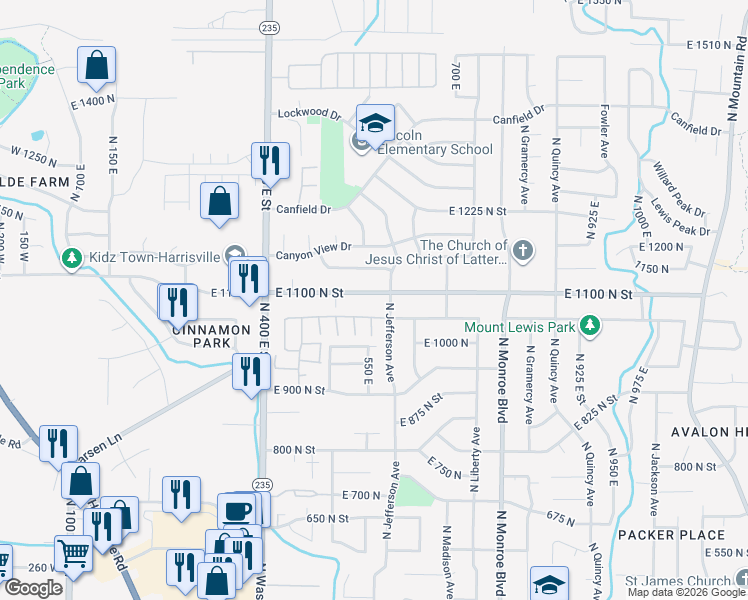 map of restaurants, bars, coffee shops, grocery stores, and more near 561 East 1100 North in Ogden