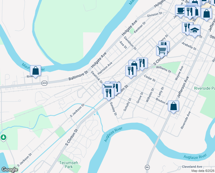 map of restaurants, bars, coffee shops, grocery stores, and more near 718 Deatrick Street in Defiance