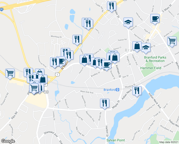 map of restaurants, bars, coffee shops, grocery stores, and more near 11a North Harbor Street in Branford