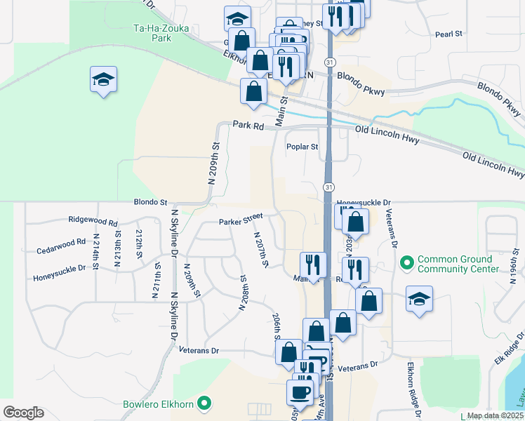 map of restaurants, bars, coffee shops, grocery stores, and more near 20610 Parker Street in Omaha