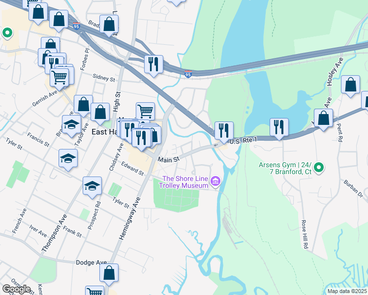 map of restaurants, bars, coffee shops, grocery stores, and more near 15 Goodsell Street in East Haven