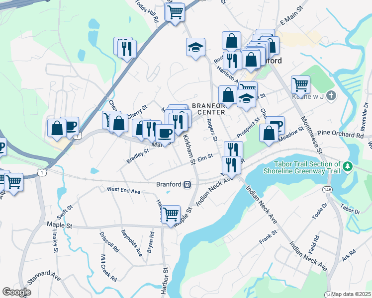 map of restaurants, bars, coffee shops, grocery stores, and more near 54 Kirkham Street in Branford