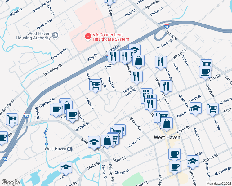 map of restaurants, bars, coffee shops, grocery stores, and more near 78 York Street in West Haven