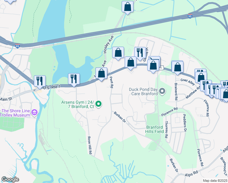 map of restaurants, bars, coffee shops, grocery stores, and more near 32 Pent Road in Branford