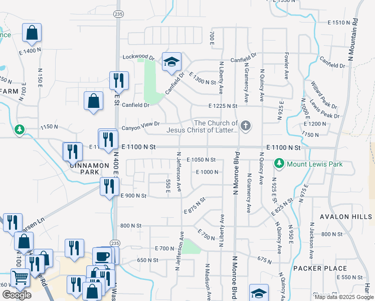 map of restaurants, bars, coffee shops, grocery stores, and more near 627 East 1100 North in Ogden