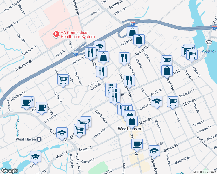 map of restaurants, bars, coffee shops, grocery stores, and more near 37 George Street in West Haven