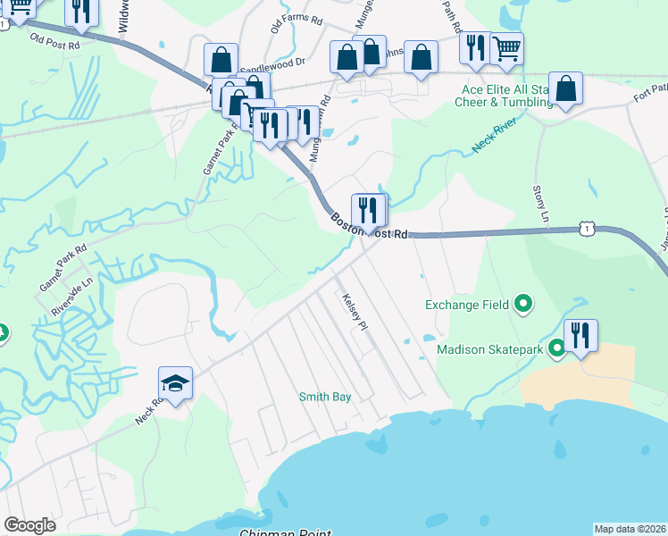 map of restaurants, bars, coffee shops, grocery stores, and more near 46 Neck Road in Madison