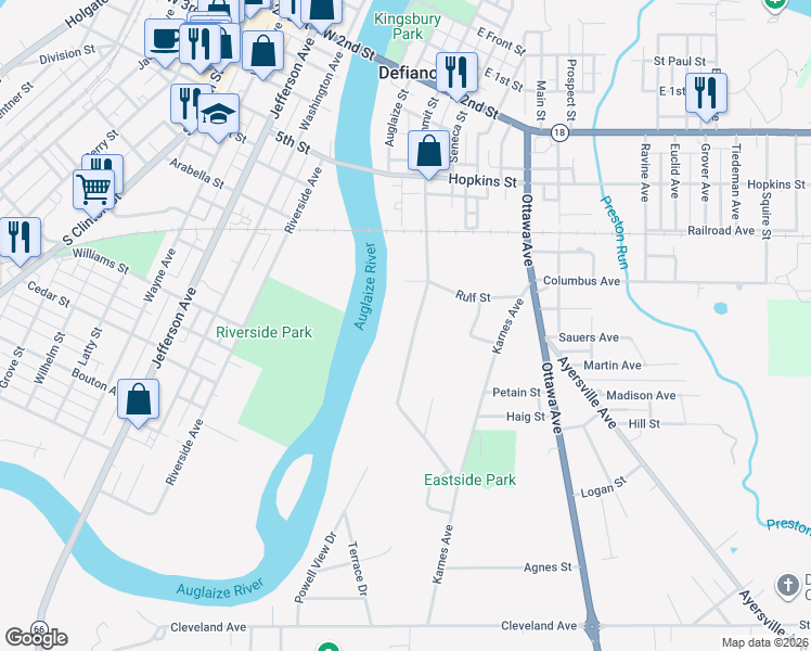 map of restaurants, bars, coffee shops, grocery stores, and more near 965 Summit Street in Defiance
