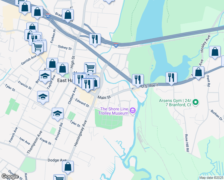 map of restaurants, bars, coffee shops, grocery stores, and more near 15 Goodsell Street in East Haven