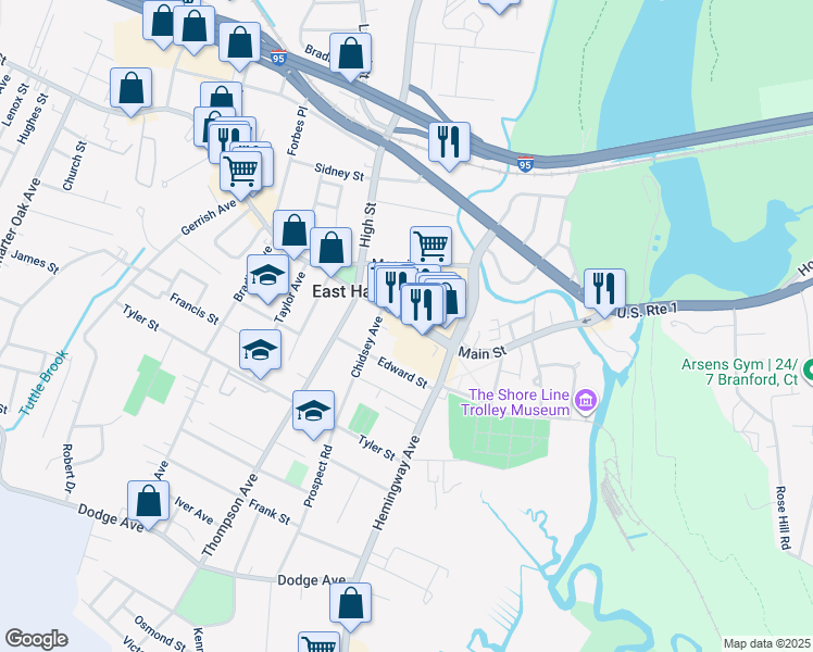 map of restaurants, bars, coffee shops, grocery stores, and more near 208 Main Street in East Haven