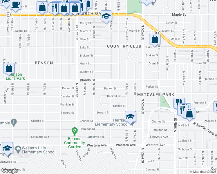 map of restaurants, bars, coffee shops, grocery stores, and more near 1904 North 56th Street in Omaha