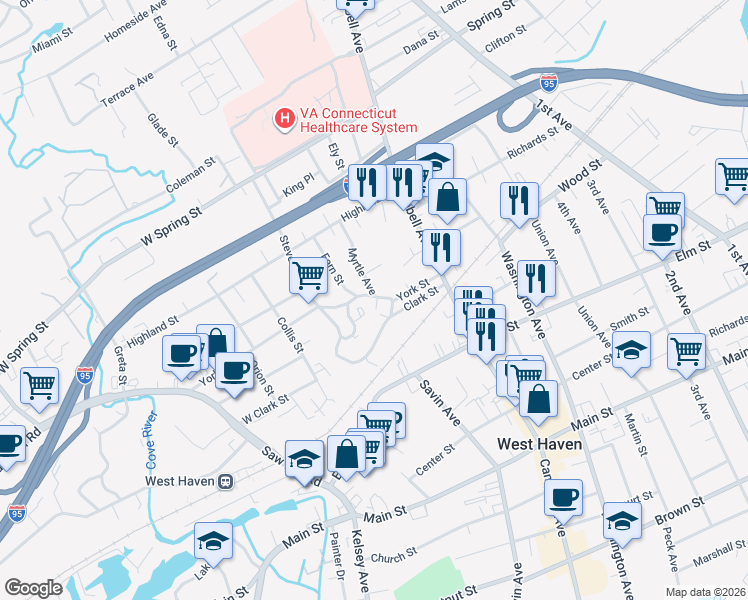 map of restaurants, bars, coffee shops, grocery stores, and more near 78 York Street in West Haven