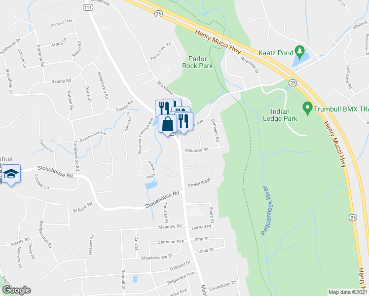 map of restaurants, bars, coffee shops, grocery stores, and more near 6486 Main Street in Trumbull