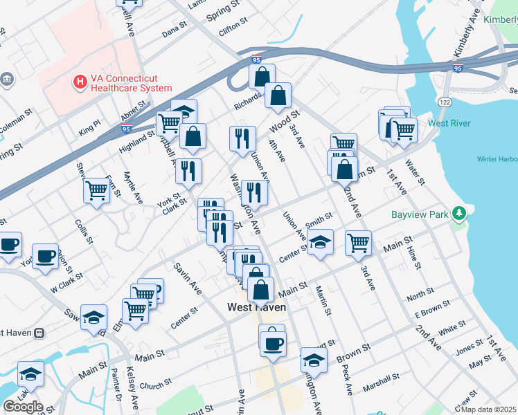 map of restaurants, bars, coffee shops, grocery stores, and more near 233 Elm Street in West Haven