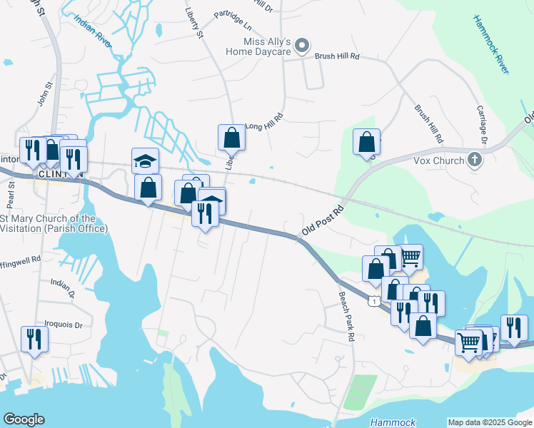 map of restaurants, bars, coffee shops, grocery stores, and more near 145 East Main Street in Clinton