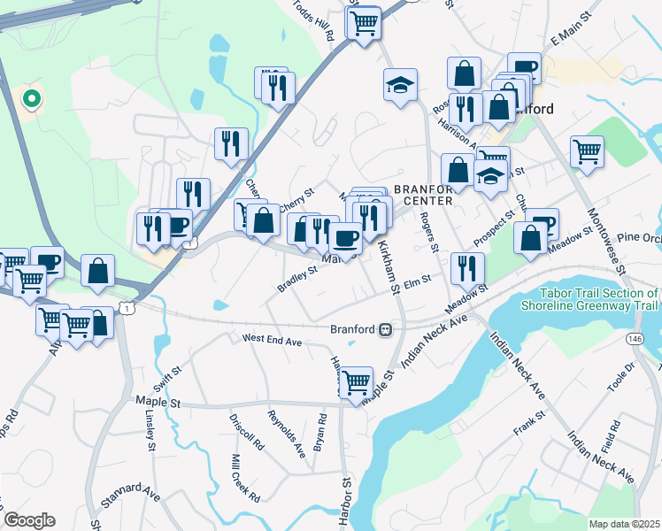 map of restaurants, bars, coffee shops, grocery stores, and more near 12 Bradley Street in Branford