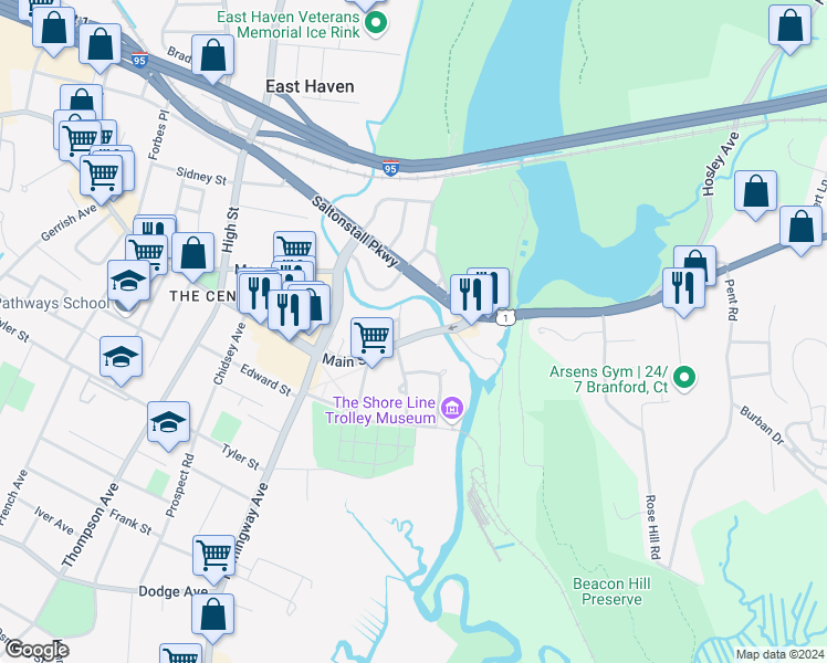 map of restaurants, bars, coffee shops, grocery stores, and more near 70 Main Street in East Haven