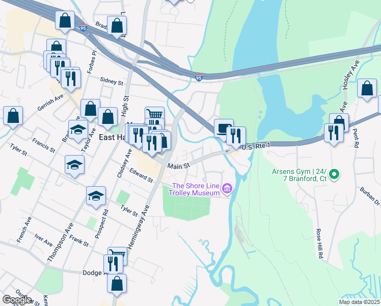 map of restaurants, bars, coffee shops, grocery stores, and more near 15 Goodsell Street in East Haven