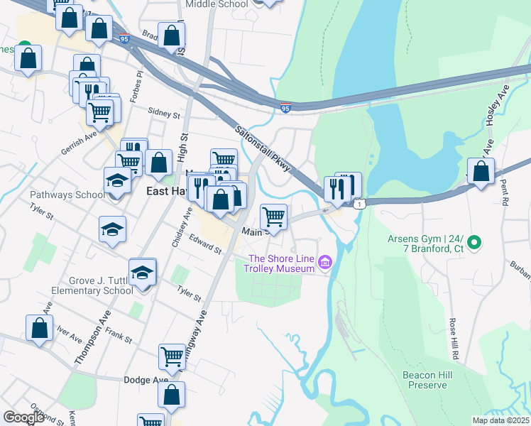 map of restaurants, bars, coffee shops, grocery stores, and more near 339 Hemingway Avenue in East Haven