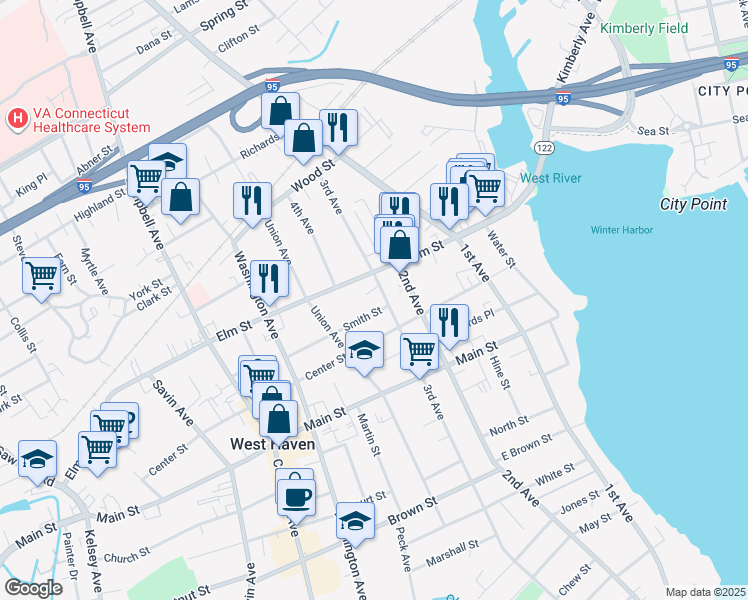 map of restaurants, bars, coffee shops, grocery stores, and more near 1 Smith Street in West Haven
