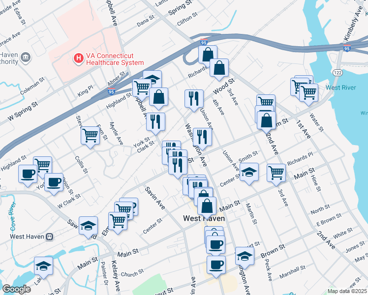 map of restaurants, bars, coffee shops, grocery stores, and more near 674 Washington Avenue in West Haven