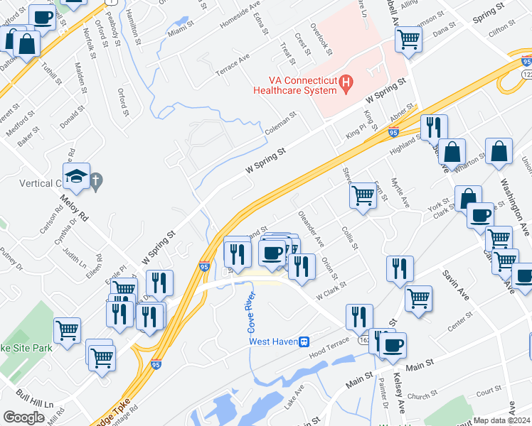 map of restaurants, bars, coffee shops, grocery stores, and more near 6 Harry Drive in West Haven