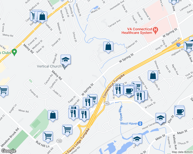 map of restaurants, bars, coffee shops, grocery stores, and more near 15 Ridge Court East in West Haven