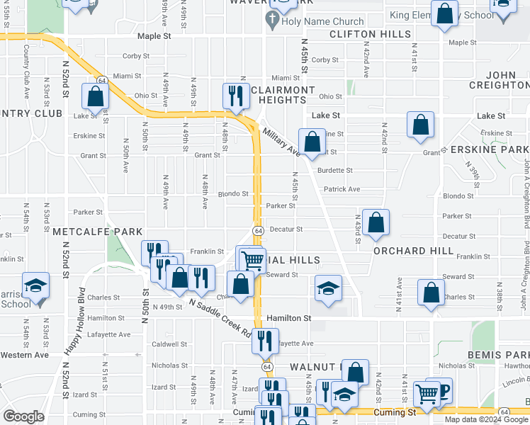 map of restaurants, bars, coffee shops, grocery stores, and more near 1824 Nebraska 64 in Omaha